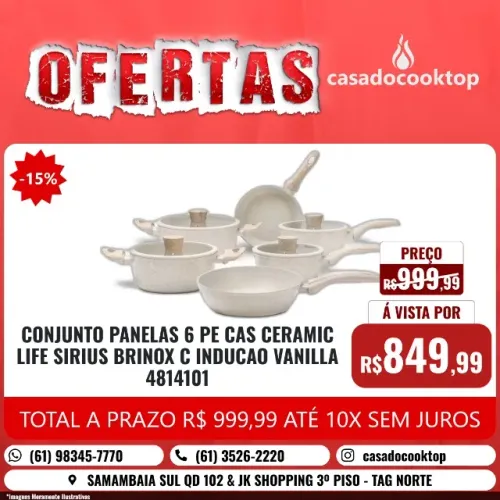 CONJUNTO PANELAS 6 PECAS CERAMIC LIFE SIRIUS BRINOX C/ INDUCAO VANILLA 4814101