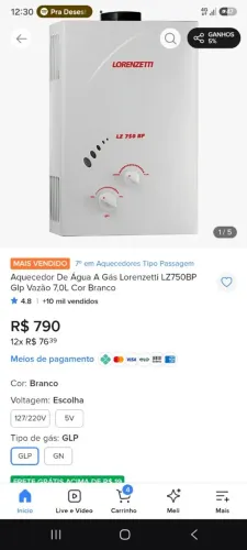 Aquecedor De Água A Gás Lorenzetti LZ750BP Glp Vazão 7,0L Cor Branco