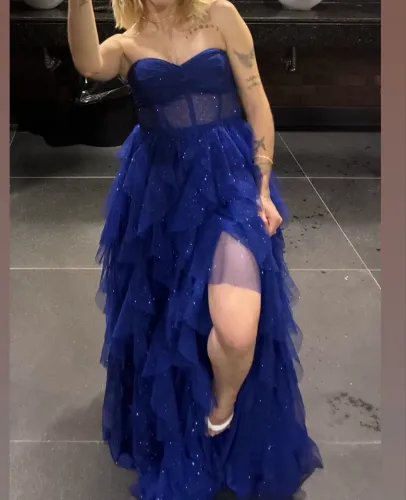 Vestido de Gala Azul Royal Estilo Princesa com Fenda