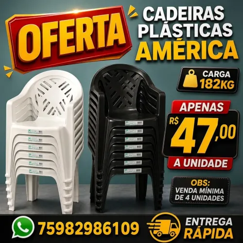 Cadeiras plásticas América carga 182kg - Unidade: