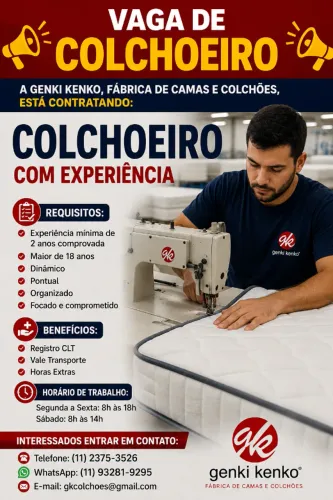 VAGA DE COLCHOEIRO FABRICA DE COLCHOES 