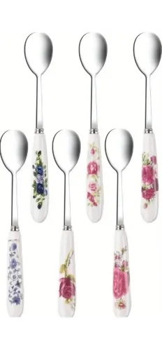 Kit de colheres para sobremesa com cabo de cerâmica floral
