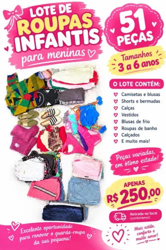 Lote de roupa de menina de 3 a 6 anos