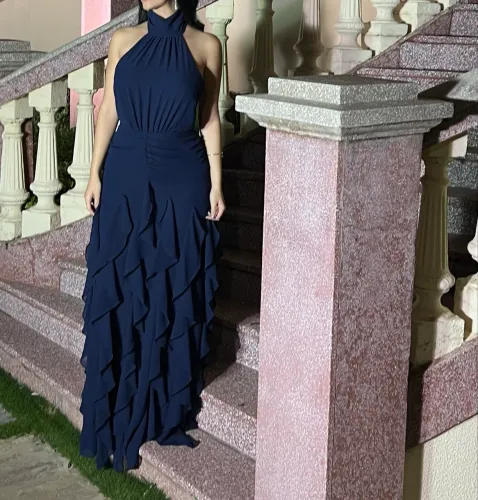 Vestido Longo em Chiffo Pienza Azul Marinho