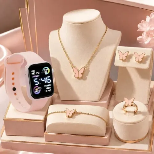 CONJUNTO RELÓGIO DIGITAL ROSA BEBÊ + KIT BORBOLETA DOURADO 