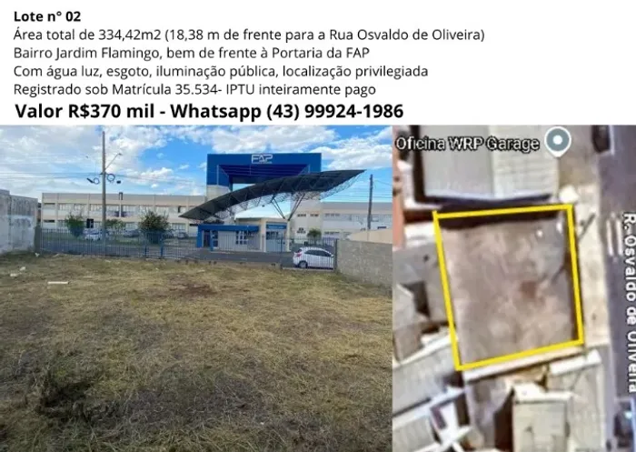 Lote 02 - FRENTE DA FAP - FACULDADE DE APUCARANA - 334,42m2