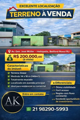 Vendo terreno 10x14m (140m²). Bairro: Heliópolis, Belford Roxo/RJ