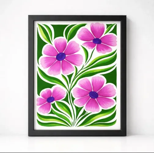 Quadro Decorativo Floral Rosa e Verde A3 - Pintura Física Original com Moldura
