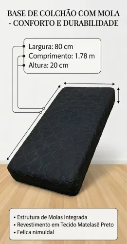 Base de Colchão Solteiro com Mola (Preta) - 80cm x 1,78m