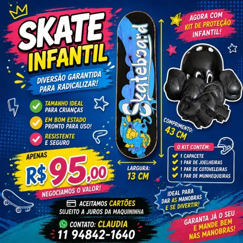 SKATE INFANTIL COM KIT DE PROTEÇÃO