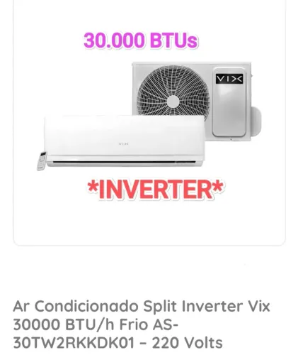 Ar condicionado split 30000 BTUs Vix Inverter + Novo + Nota + 1 Ano Garantia+ Cartão 12x!!