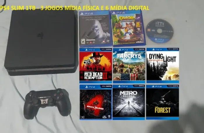 PS4 SLIM 1TB C/ 1 controle e 9 Jogos (usado)