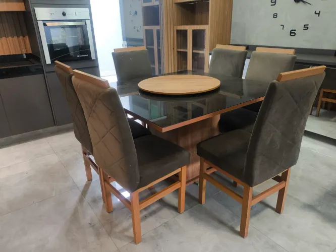 Mesa de Jantar Quadrada Tampo Giratório Vidro Preto + 6 Cadeiras