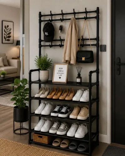 3. Sapateira com Cabideiro Grande 4 Prateleiras Organizador Moderno e Resistente<br><br><br>