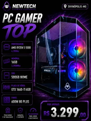 PC Gamer Ryzen 5 5500 4.2Ghz / Mem 16Gb / SSD 480Gb / GTX 1660-Ti 6Gb (aceito cartão)