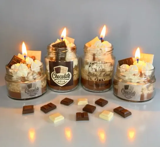 Vela aromática chocolate chantilly gourmet realista artesanal pote copo vidro decorativa