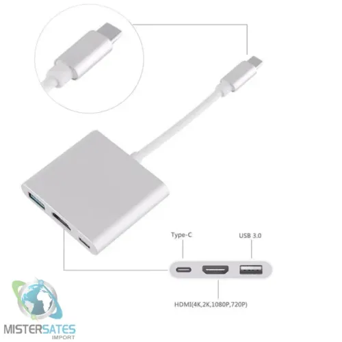 Cabo Adaptador 3 x 1- Thunderbolt 3.0 Para Hdmi Usb 3.0 Tipo-c - COD 477