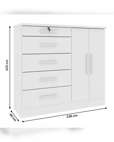 Cômoda 5 Gavetas com Porta - Branco