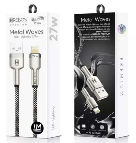 Cabo USB-C para Lightning iPhone 27W HREBOS Metal Waves - Novo