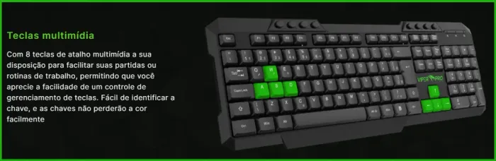 Teclado-Gamer-Viper Pro-Membrana-Com fio-Padrão ABNT2-USB-Teclas especiais-Preto/verde