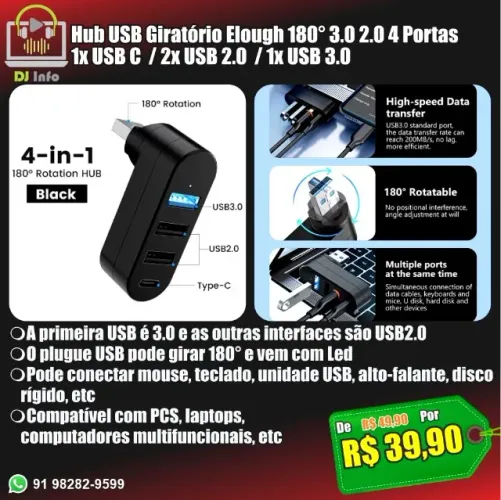 Hub USB Giratório Elough 180° 3.0 2.0 4 Portas 1x USB C / 2x USB 2.0 / 1x USB 3.0