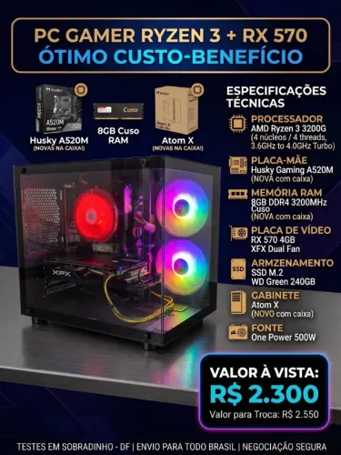 PC Gamer ryzen 3200g + RX 570 + 8GB DDR4 + SSD m.2 240GB + Fonte 500w