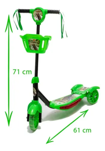 Patinete Infantil 3 Rodas Com Cesta Led Musica Verde Dino<br>