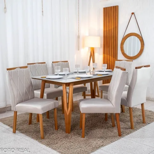 Mesa de Jantar 160x90 Vidro Off/Base Madeira + 6 Cad. Luxury rf544
