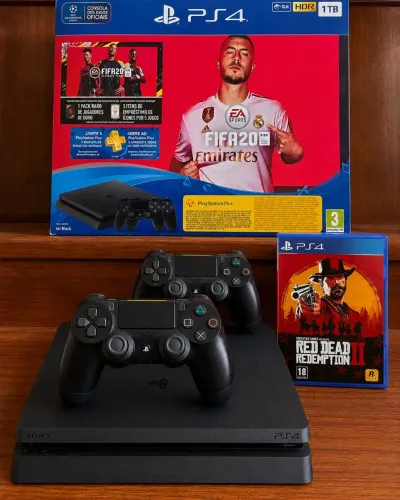 PS4 Slim 1TB + 2 Controles Originais + RDR2 + Revisado + Caixa Original