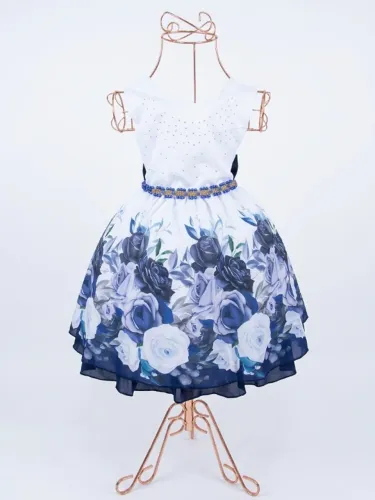 Vestido Infantil de Festa Luxo - Floral Azul e Branco (Tamanho 6) - NOVO