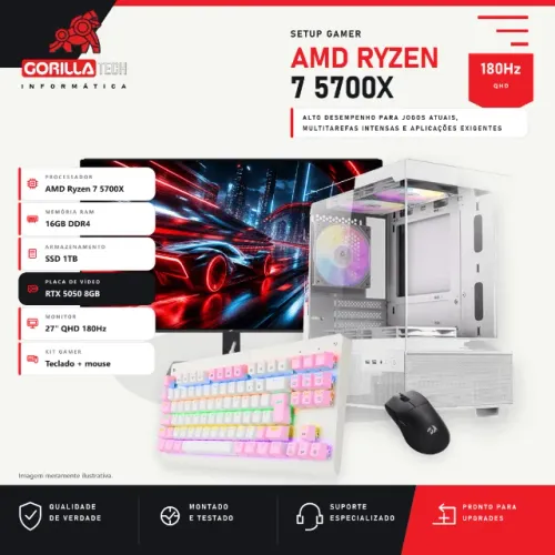 Setup Gamer Completo Ryzen 7 5700X RTX 5050 8GB 16GB SSD 1TB Monitor 180Hz Teclado e Mouse