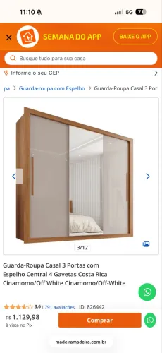 Guarda-Roupa Casal 3 Portas com Espelho Central 4 Gavetas Costa Rica Cinamomo/Off White