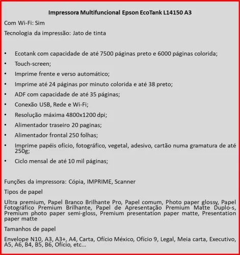 Impressora Multifuncional Epson EcoTank L14150 A3