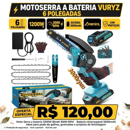 Moto Serra A Bateria 6 polegadas 1200 W Bivolt e 3000 RPM VURYZ Motosserra elétrica