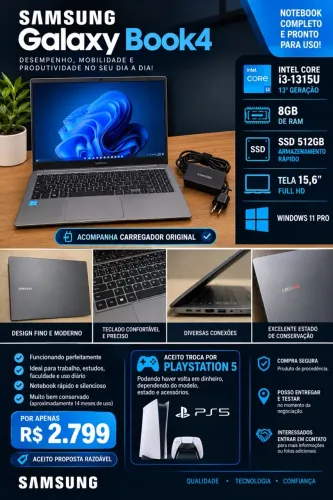 Samsung Galaxy Book4 i3 13ª Geração | 8GB | SSD 512GB