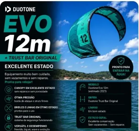 Kite Duotone Evo 12 m (estimado 2021) acompanhado de Duotone Trust Bar original.