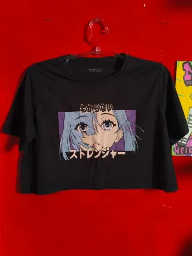 Cropped Camiseta Preto Anime Otaku Blue Steel Tamanho M