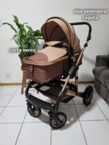 Carrinho Moisés 3 em 1 Luxo - Marrom com Dourado - Semi Novo