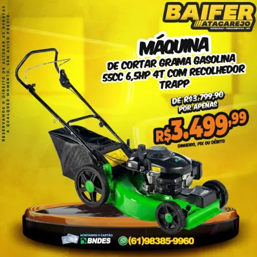 Máquina de Cortar Grama Gasolina 55cc 6,5Hp 4T Com Recolhedor Trapp
