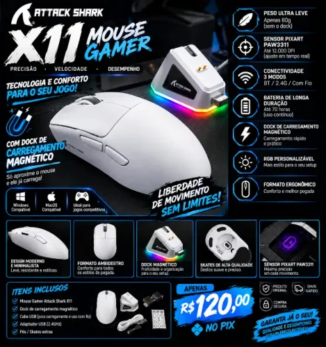 MOUSE GAMER ATTACK SHARK X11 + DOCK RGB ? R$ 120,00 NO PIX!