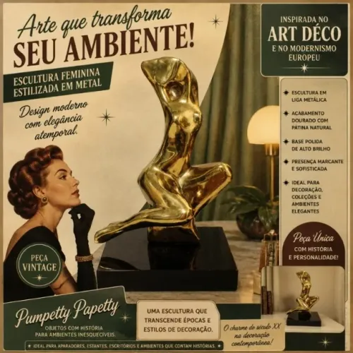 Escultura Feminina em Metal Vintage | Arte Decorativa | Base Polida