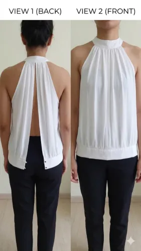 blusa social branca aberta nas costas com botao
