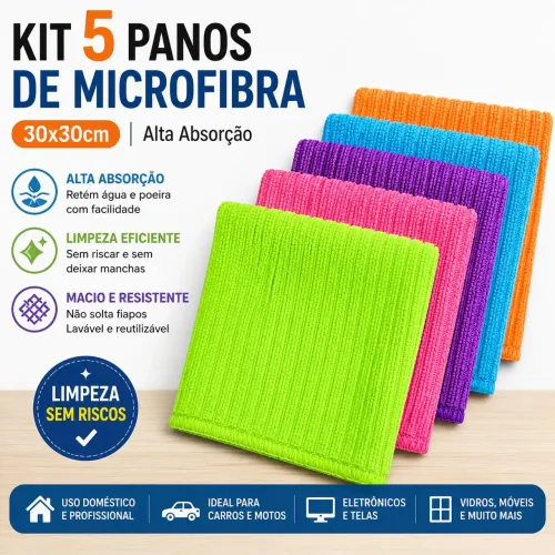 Kit 5 Panos de Microfibra Multiuso 30x30cm - Limpeza Automotiva, Casa e Escritório