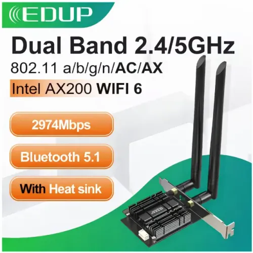 Placa de Rede Desktop EDUP Wi-Fi 6 e Bluetooth 5.1 PCIe Dual Band 2.4/5GHz Preto