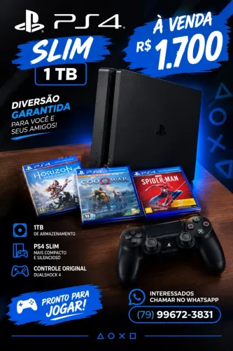 Título do anúncio: ? PS4 Slim 1TB + Controle + 3 Jogos | PlayStation 4