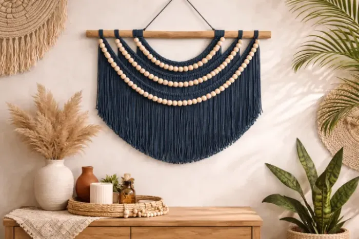Painel em Macramê Grande Boho Verde com Contas de Madeira | Decoração de Parede Artesanal