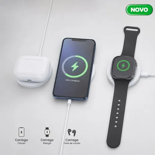 Carregador Magnético Sem Fio 3 em 1 15W para Celular Relógio e Fone