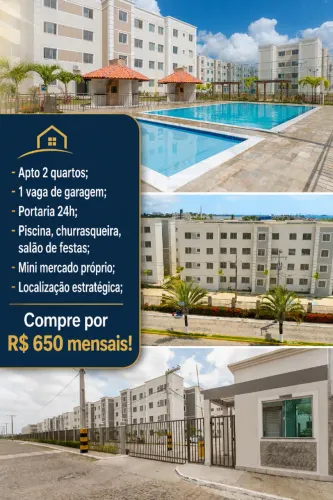 Compre por R$ 650 mensais! Apto 2 quartos em condomínio com piscina e portaria 24h