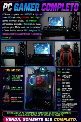 PC GAMER completo com kit i5 7400 + 16gb ram.