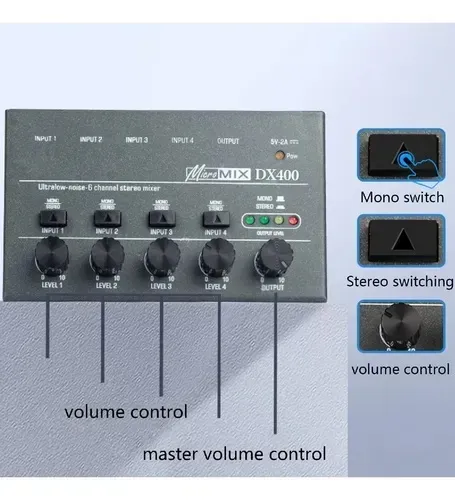 Mini Mesa de Som Depusheng DX400 - Mixer de Áudio 4 Canais